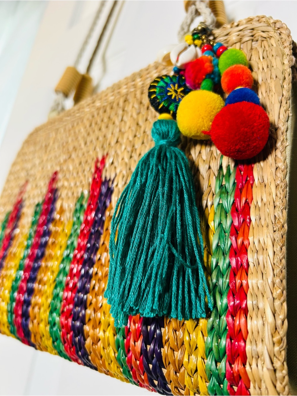 Woven Straw Shoulder Bag with Multicolor Stripe Accent